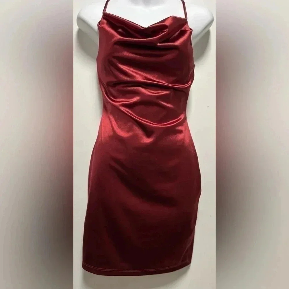 Lovely Petite Burgundy Strappy Satin Cowl Mini Dress